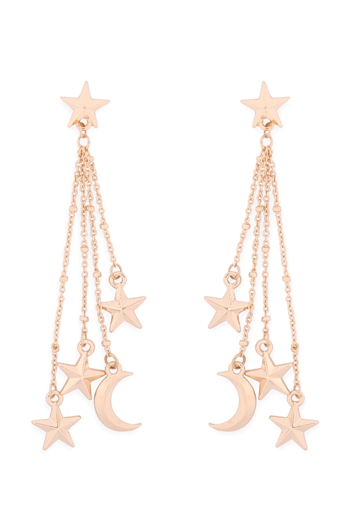 S1-2-3-ME10299GD - STAR & MOON CHAIN POST DANGLE EARRINGS-GOLD/6PCS