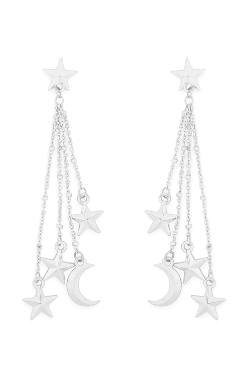 S1-2-3-ME10299RD - STAR & MOON CHAIN POST DANGLE EARRINGS-SILVER/6PCS