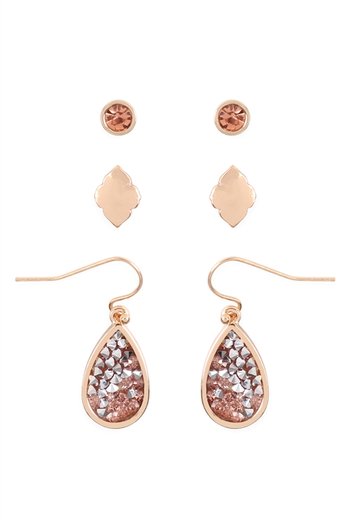 A1-3-2-ME10309PCH-PEACH GLITTER FACETED STONE  TEARDROP EARRINGS/1SET (NOW $2.00 ONLY!)