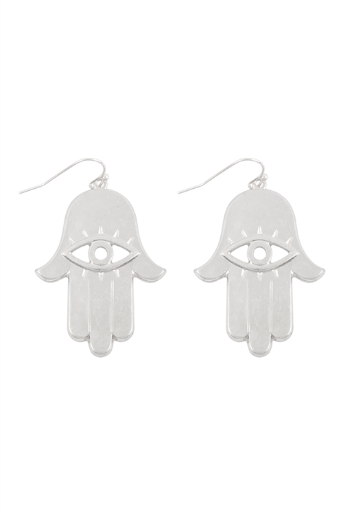 SA3-1-2-ME10447-WS - HAMSA EVIL EYE CAST FISH HOOK EARRINGS - MATTE SILVER/6PCS