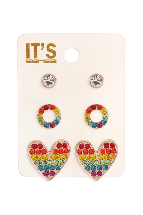 S5-4-4-ME10450GD-MLT - HEART PAVE 3 SET RHINESTONE EARRINGS - GOLD MULTICOLOR/6PCS