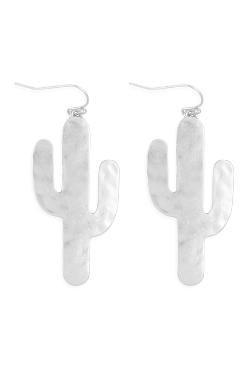 SA3-1-4-ME10481WS - CACTUS HAMMERED DROP FISH HOOK EARRINGS - MATTE SILVER/6PCS