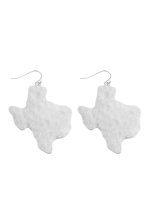 A2-1-2-ME10483WS - HAMMERED TEXAS MAP DANGLE FISH HOOK EARRINGS - MATTE SILVER/6PCS