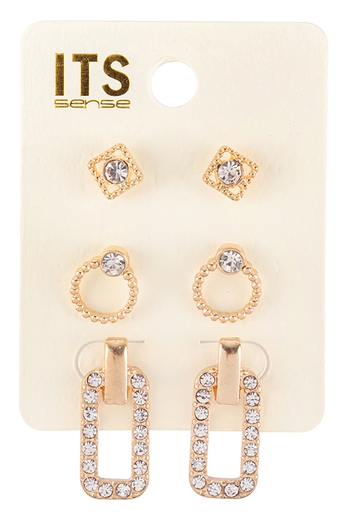 S1-6-1-ME10491GD - PAVE CUBIC ZIRCONIA SET OF 3 STUD EARRINGS - GOLD/6PCS