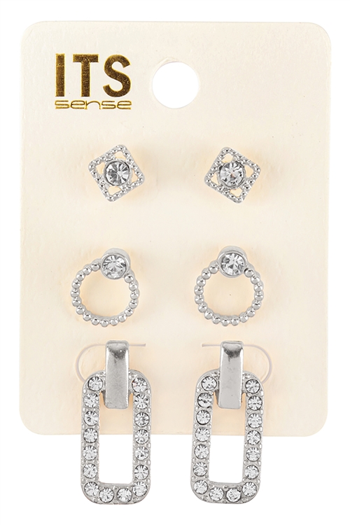 S1-6-1-ME10491RD - PAVE CUBIC ZIRCONIA SET OF 3 STUD EARRINGS - SILVER/6PCS