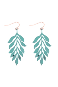 A1-1-4-ME10579PAT - LEAF CAST DANGLE FISH HOOK EARRINGS - TURQUOISE/1PC