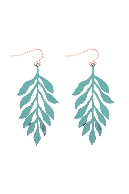 A1-1-4-ME10579PAT - LEAF CAST DANGLE FISH HOOK EARRINGS - TURQUOISE/1PC