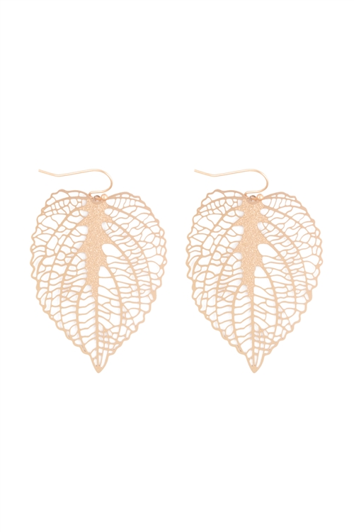 A1-3-1-ME10598MG - LEAF FILIGREE DANGLE FISH HOOK EARRINGS - MATTE GOLD/1PC