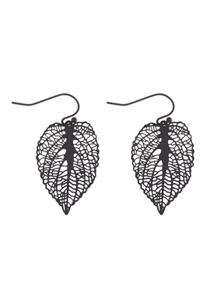 A1-1-3-ME10599BK - SMALL LEAF FILIGREE DROP FISH HOOK EARRINGS - BLACK/6PCS