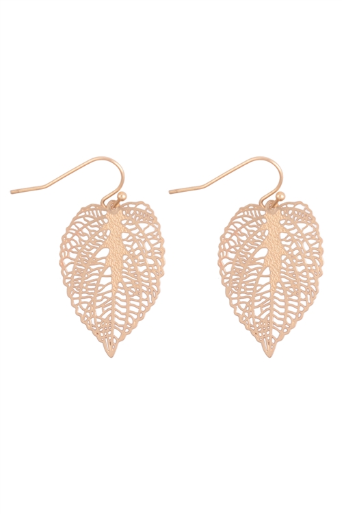 A1-1-3-ME10599MG - SMALL LEAF FILIGREE DROP FISH HOOK EARRINGS - MATTE GOLD/6PCS