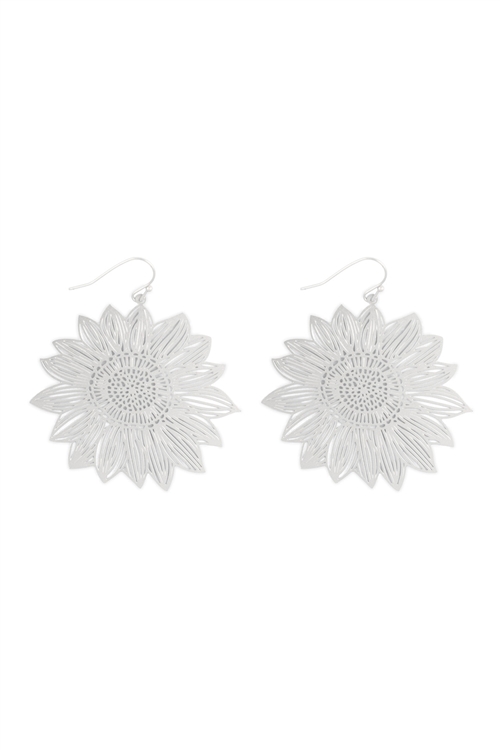 A2-2-1-ME10600MS - SUNFLOWER FILIGREE DANGLE FISH HOOK EARRINGS - MATTE SILVER/6PCS