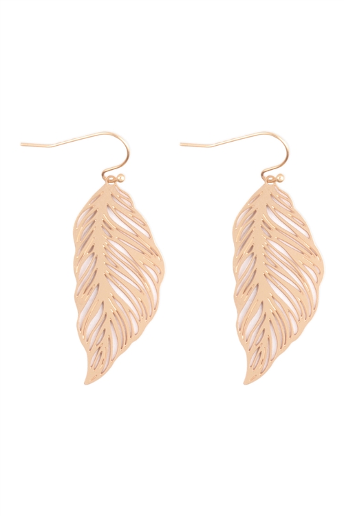 A1-1-2-ME10601MG - LEAF FILIGREE DROP FISH HOOK EARRINGS - MATTE GOLD/1PC