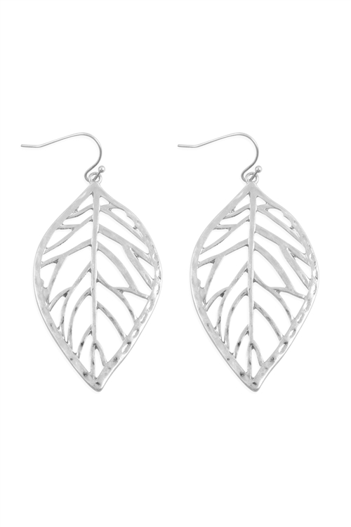 A1-3-4-ME10602WS - LEAF CASTING FILIGREE DROP FISH HOOK EARRINGS - MATTE SILVER/6PCS