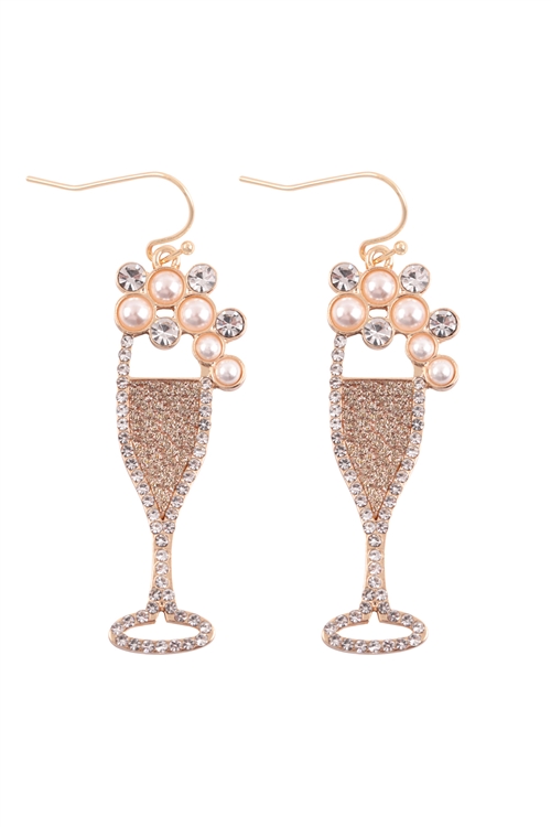 S1-7-2-ME10604GD -  CHAMPAGNE GLITTER BUBBLE PEARL RHINESTONE DANGLE FISH HOOK EARRINGS - GOLD/6PCS