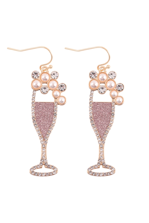 S1-7-2-ME10604RG - CHAMPAGNE GLITTER BUBBLE PEARL RHINESTONE DANGLE FISH HOOK EARRINGS - ROSE GOLD/6PCS