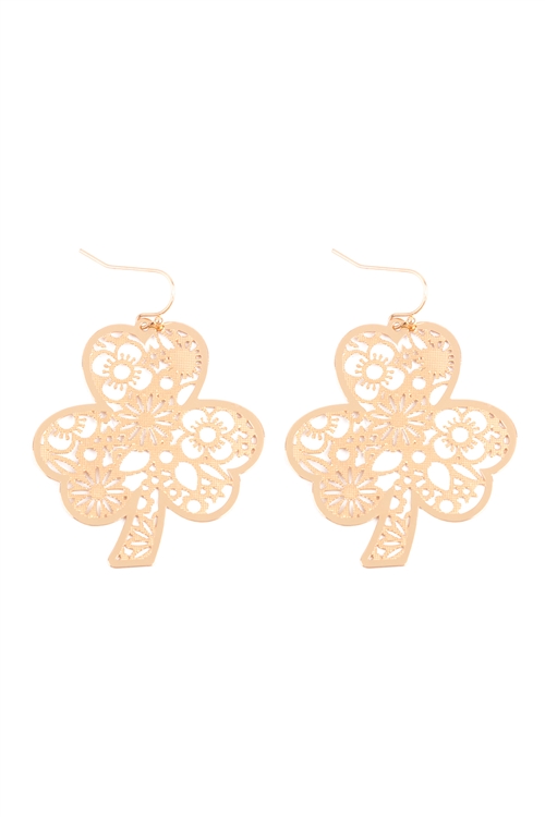 A1-3-4-ME10616GD - CLOVER FLOWER FILIGREE DANGLE FISH HOOK EARRINGS - GOLD/6PCS