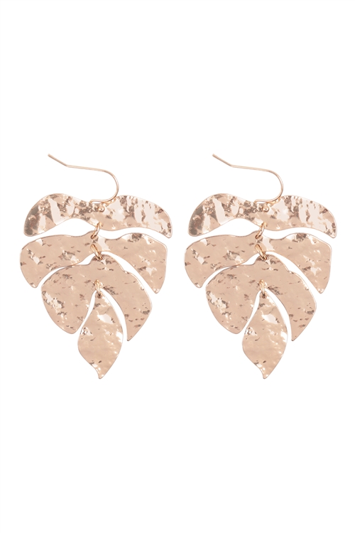 A1-2-2-ME10656GD - TEXTURED 4 DROPS MONSTERA EARRINGS-GOLD/6PCS