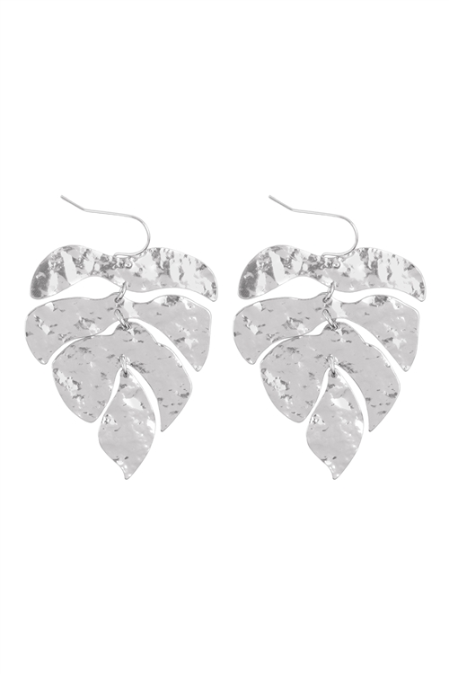 A1-2-2-ME10656RD - TEXTURED 4 DROPS MONSTERA EARRINGS-SILVER/6PCS