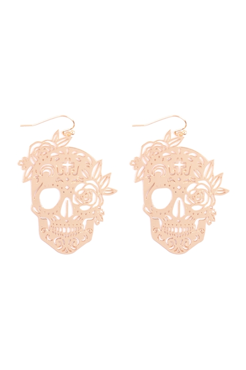 S1-1-2-ME10690GD - (HALLOWEEN) SKULL CUTOUT FILIGREE DROP HOOK EARRINGS -GOLD/1PC