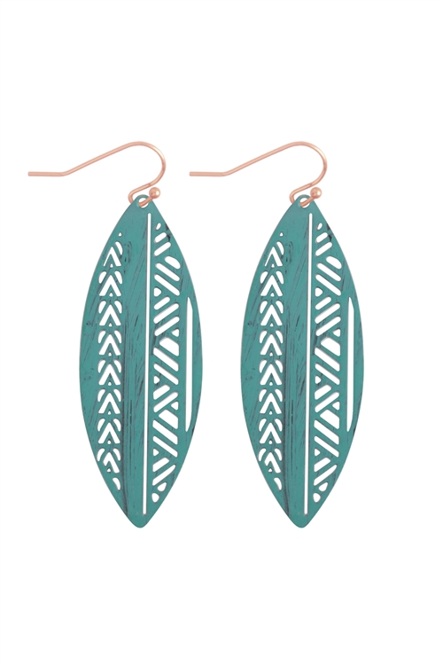 S1-6-5-ME10736PAT - BOAT SHAPED AZTEC FILIGREE  BRASS EARRINGS-TURQUOISE/1PC