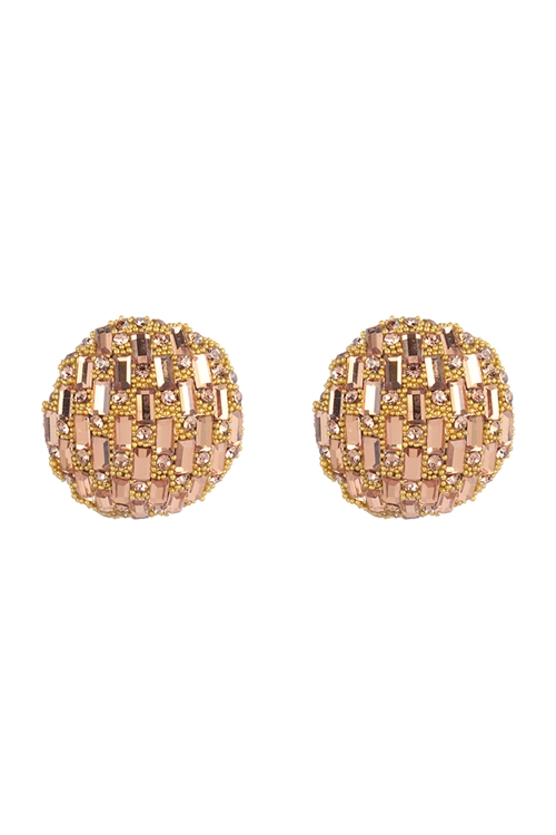 A2-3-3-ME10770LCT - CIRCLE BUTTON RHINESTONE GLITTER STUD EARRINGS-LIGHT BROWN/1PC