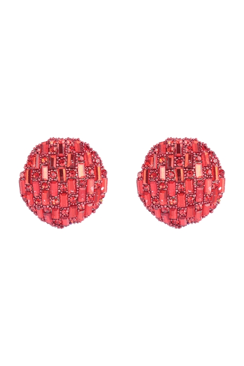 A2-3-3-ME10770RED - CIRCLE BUTTON RHINESTONE GLITTER STUD EARRINGS-RED/1PC