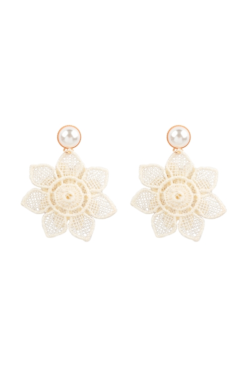 A1-3-4-ME10849WHT - FLOWER EMBROIDERY W/ PEARL, STONE EARRINGS-WHITE/1PC