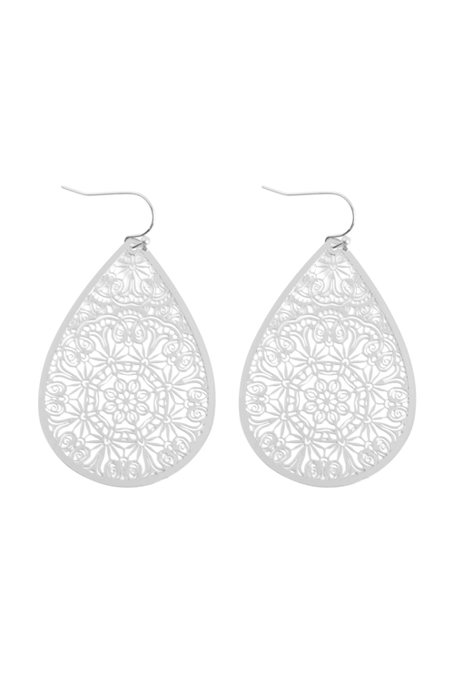 S1-8-4-ME10865RD - TEARDROP SHAPE FILIGREE FISH HOOK EARRINGS-SILVER/1PC