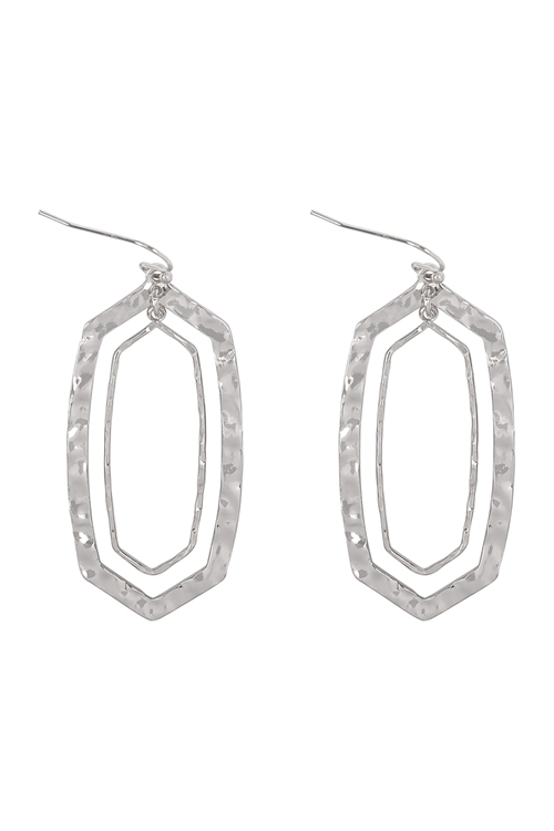 A1-2-5-ME10869RD - HEXAGON SHAPE HAMMERED DROP LINK EARRINGS-SILVER/1PC