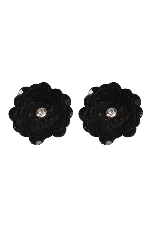 A1-2-5-ME10952BK - SEQUIN FLOWER RHINESTONE POST EARRINGS-BLACK/1PC