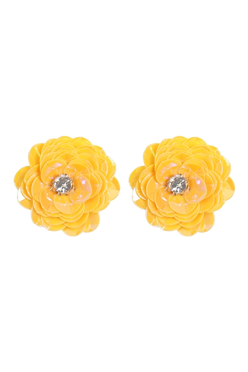 A1-2-5-ME10952YEL - SEQUIN FLOWER RHINESTONE POST EARRINGS-YELLOW/1PC