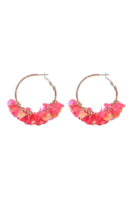 S7-6-2-ME10953PNK - 1.75" BOHO SEQUIN DANGLE HOOP EARRINGS-PINK/1PC