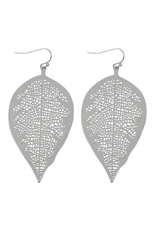 S1-2-1-ME11047RD - FINE LEAF FILIGREE HOOK EARRINGS-SILVER/1PC