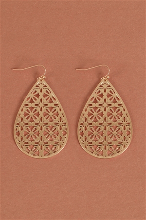 SA-3-3-2-ME11158GD - FLOWER PATTERN FILIGREE TEARDROP SHAPE HOOK EARRINGS-GOLD/1PC