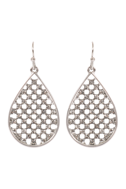 S1-1-4-ME11277RD - TEARDROP SHAPE PAVE RHINESTONE HOOK EARRINGS-SILVER/1PC