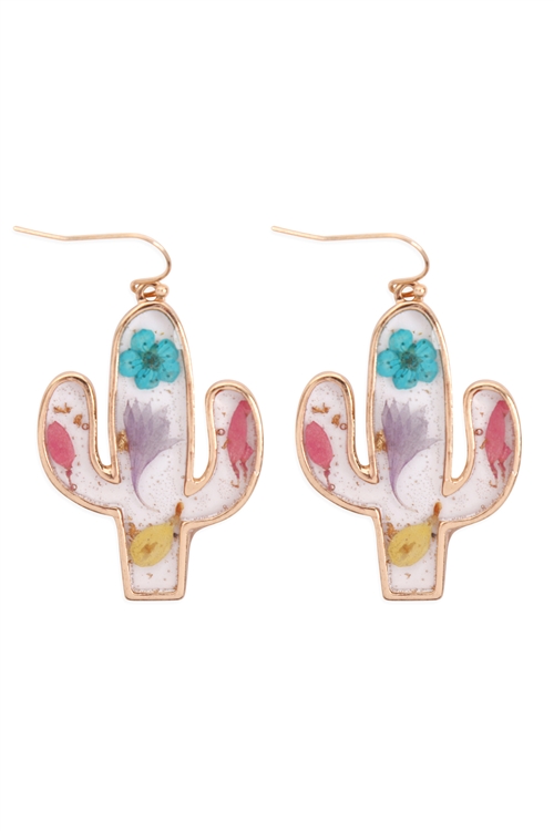 S1-8-3-ME1223MT - DRIED FLOWER CACTUS RESIN HOOK EARRINGS-GOLD MULTICOLOR/6PCS