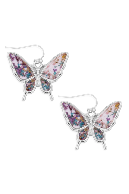 S1-7-4-ME1243RHLMT - BUTTERFLY RESIN DROP HOOK EARRINGS- SILVER LIGHT MULTICOLOR/1PC