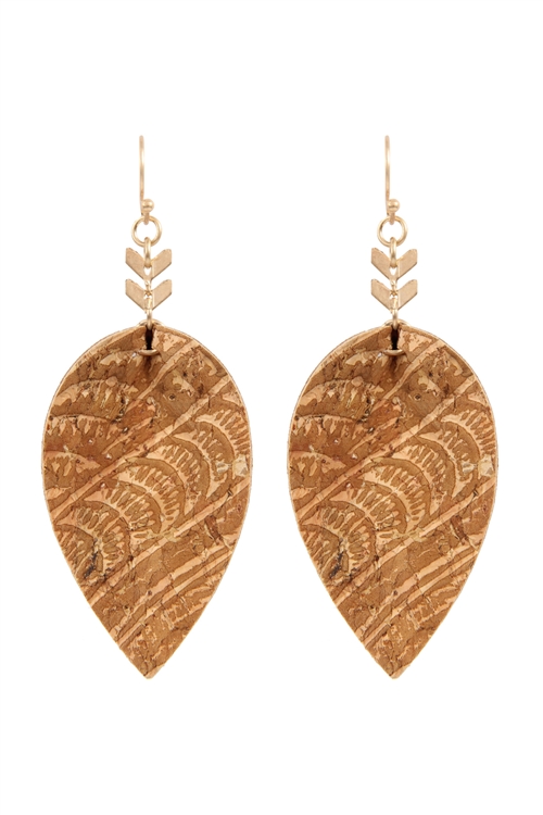 S22-7-2-ME20014BRW - TEARDROP EMBELLISHED CORK LEATHER EARRINGS - BROWN /6PCS