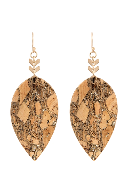 S22-7-2-ME20014GBRW - TEARDROP EMBELLISHED CORK LEATHER EARRINGS - GOLDEN BROWN /6PCS