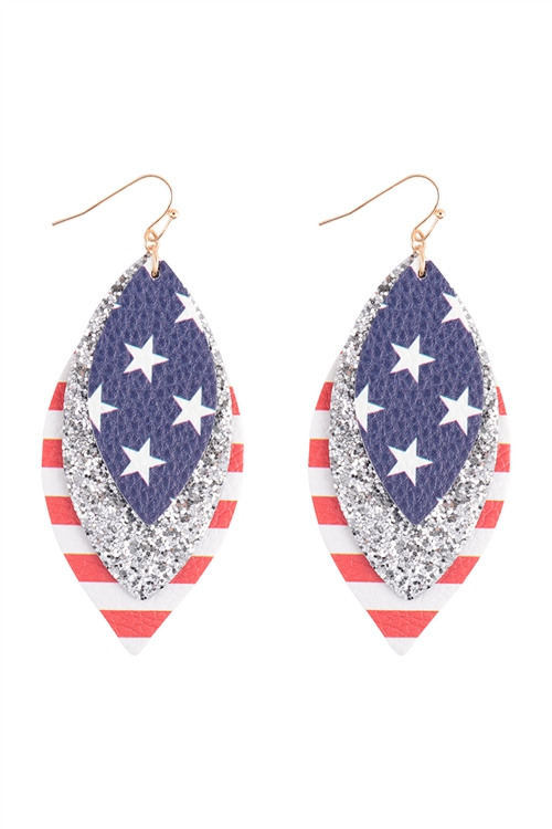 A2-4-2-ME20027RNB - 4TH OF JULY AMERICAN FLAG LAYERED EARRINGS -  SILVER/6PCS