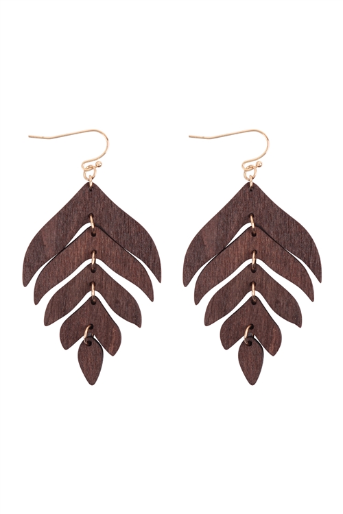 S7-4-4-ME20132DBR - WOOD DANGLING LEAF EARRINGS - DARK BROWN/6PCS