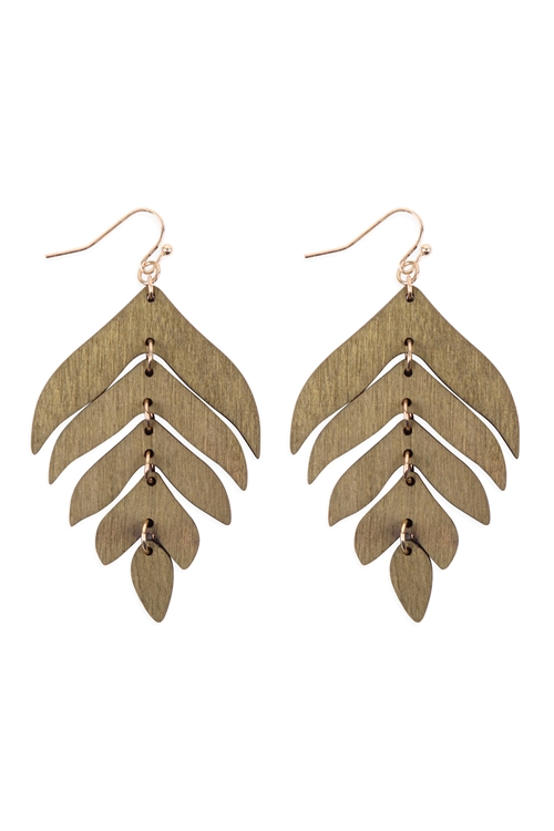 S7-4-4-ME20132OLV - WOOD DANGLING LEAF EARRINGS - OLIVE/6PCS