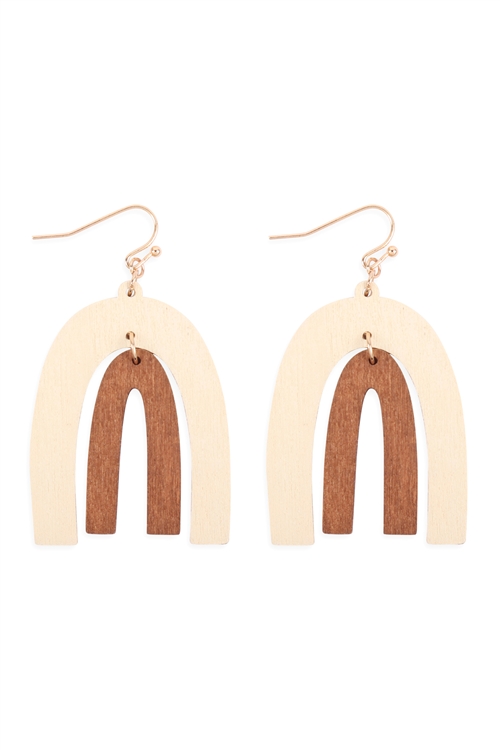 S7-5-4-ME20134CRM - WOOD TWO TONE UPSIDE DOWN U HOOK EARRINGS - CREAM/6PCS