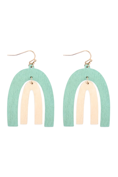 S7-5-3-ME20134TQS - WOOD TWO TONE UPSIDE DOWN U HOOK EARRINGS - TURQUOISE/6PCS