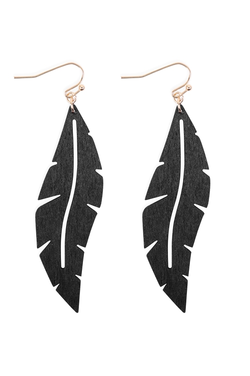 S7-5-4-ME20135BK - WOOD THIN LEAF DROP EARRINGS - BLACK/1PC