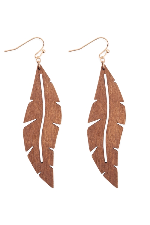 S7-5-4-ME20135BRW - WOOD THIN LEAF DROP EARRINGS - BROWN/1PC