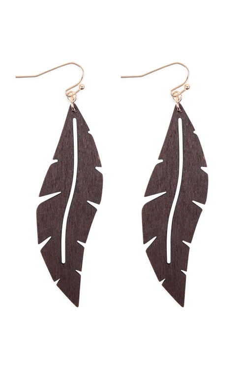 S7-5-4-ME20135DBR - WOOD THIN LEAF DROP EARRINGS - DARK BROWN/1PC