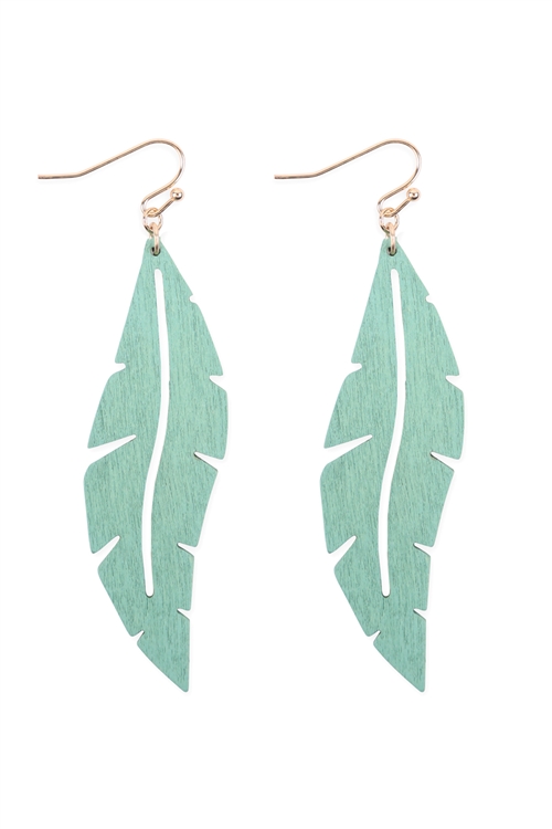 S7-5-4-ME20135TQS - WOOD THIN LEAF DROP EARRINGS - TURQUOISE/1PC