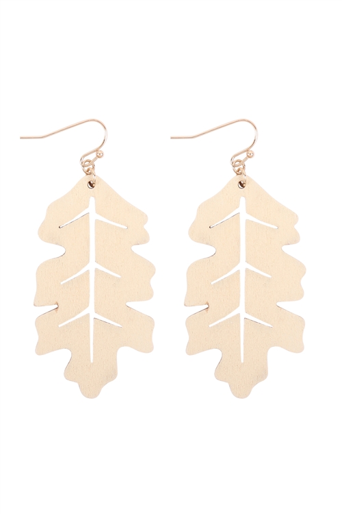 S7-4-2-ME20136CRM - WOOD LEAF FISH HOOK EARRINGS - CREAM/6PCS