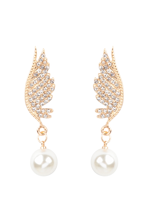 A1-1-4-ME20137 - FEATHER DROP LINK PEARL BRIDAL EARRING SET-GOLD SILVER/12PCS